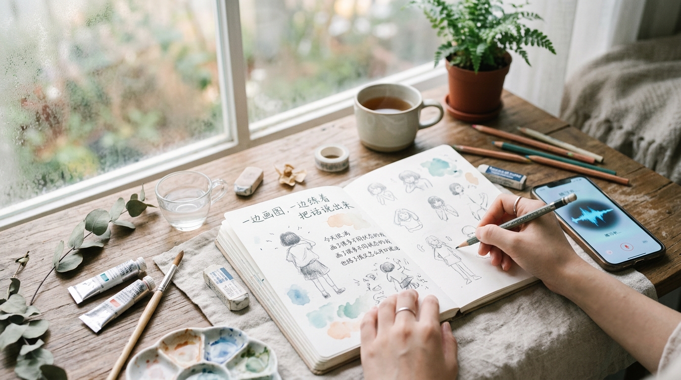 一边画图，一边练着把话说出来